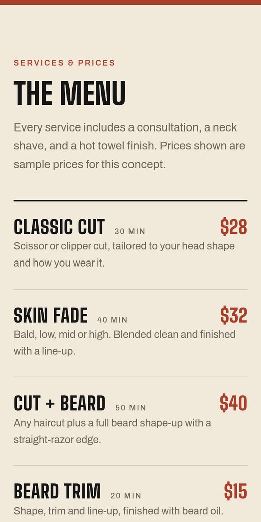 Demo site price list on a phone
