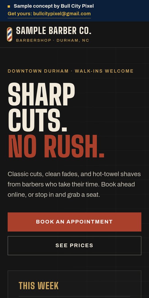 The Sample Barber Co. demo site shown on a phone